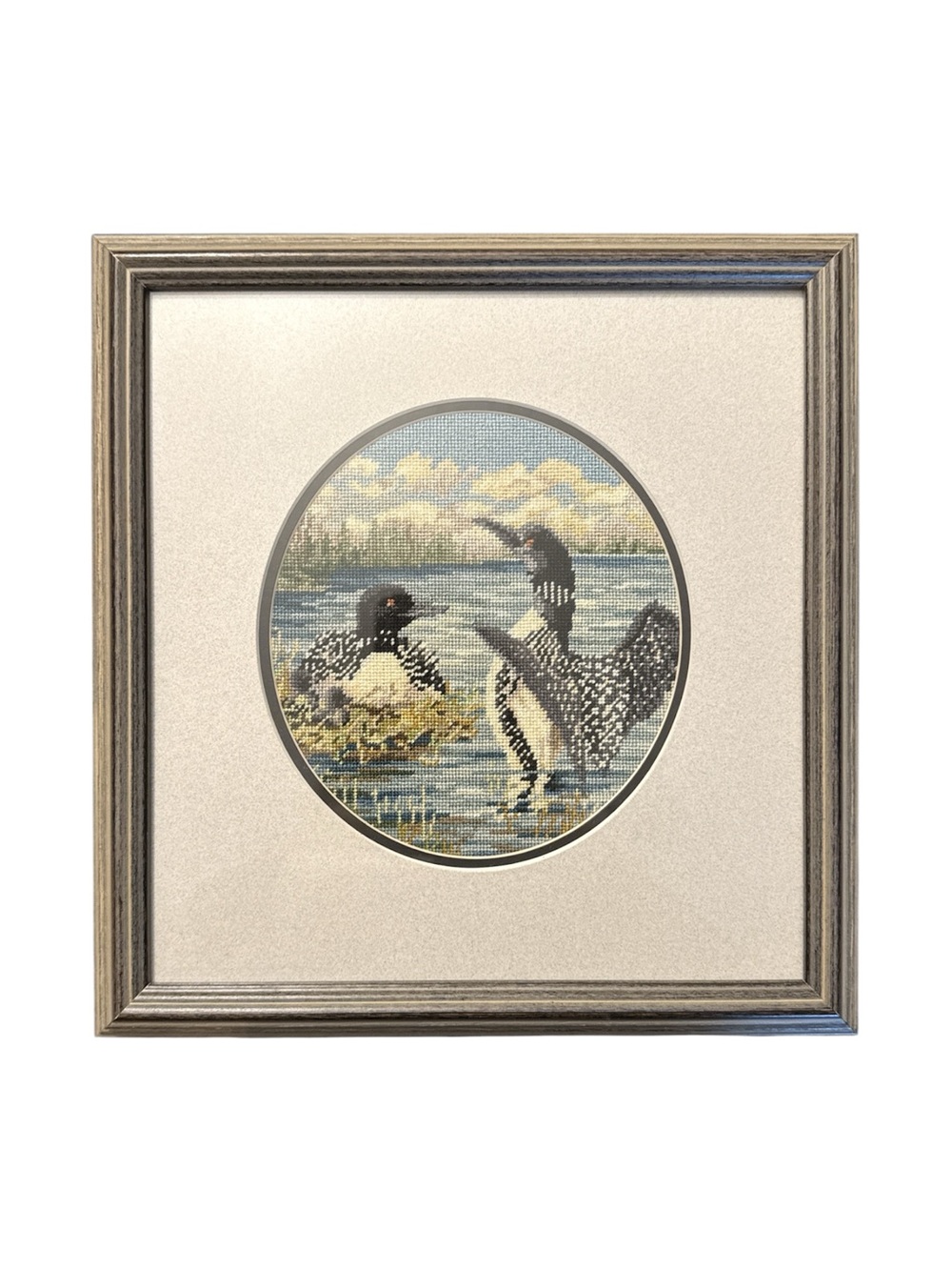 Vintage Framed Needlepoint Cross Stitch Loons on Lake Grey and Natural Tones EUC